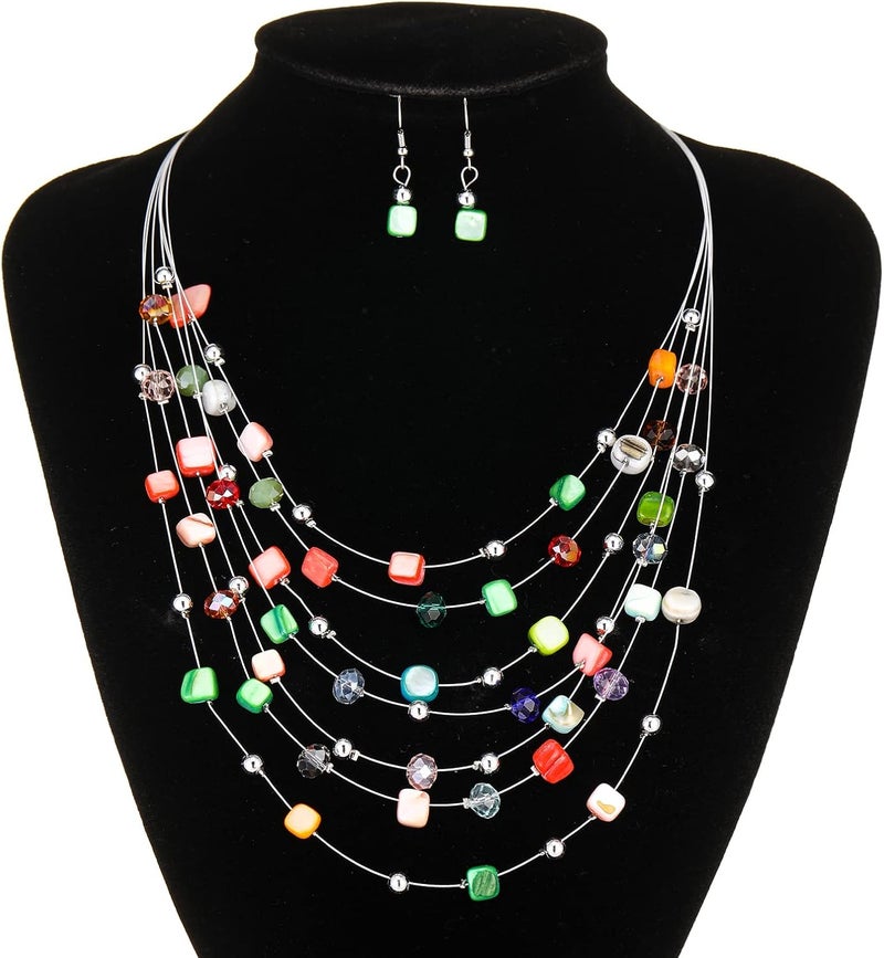 Errally Store Multi-Layer Boho Shell Beaded Necklace for Women Colorful Crystal Strand with Silver Beads Statement Collars Necklace and Earrings Costumes Jewelry Sets for Women - Image 4